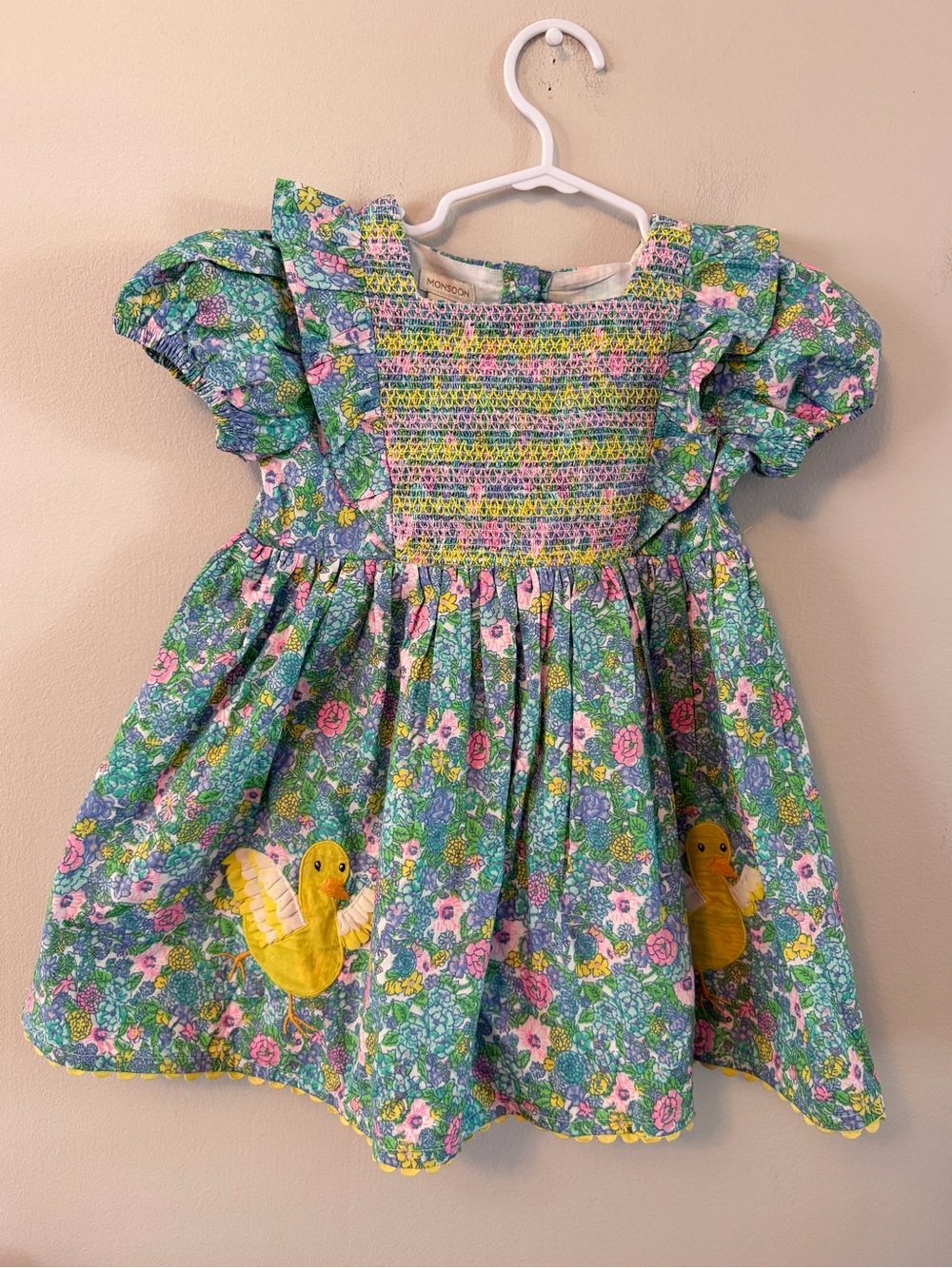 Monsoon Smocked Floral Baby Dress with Yellow Duck Appliqués